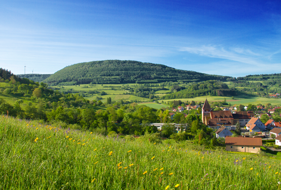 Bernhardusberg mit Windrädern und grüner Wiese